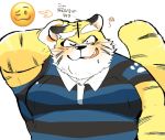  2019 anthro blush clothing felid hyaku_(artist) japanese_text male mammal one_eye_closed overweight overweight_male pantherine shirt solo text tiger topwear wink 