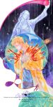  1boy 1girl beard beard_stubble casual earth_(planet) eva_stratt facial_hair galaxy highres messy_hair nasa planet project_hail_mary ryland_grace stubble xuqin37179277 