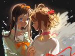  2girls aqua_choker black_background black_hair blunt_bangs brown_hair cardcaptor_sakura choker closed_eyes commentary daidouji_tomoyo dress frilled_choker frills hair_intakes hair_ribbon interlocked_fingers kinomoto_sakura kinomoto_sakura_(astral_sakura) long_hair ltangtang116772 multiple_girls pink_choker purple_eyes ribbon sidelocks tears untranslatable_commentary upper_body white_dress white_wings wings 
