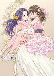  2girls :d ^_^ bare_shoulders blue_eyes blush bow breasts brown_hair carrying cleavage closed_eyes closed_mouth collarbone dress earrings elbow_gloves eyeshadow floral_background flower full_body fuuka_(fukasheu) gloves grey_background hair_bow hair_flower hair_ornament high_heels highres hug jewelry layered_dress long_hair makeup medium_breasts multiple_girls open_mouth original pink_bow pink_dress pink_legwear princess_carry red_eyes rose sash sideways_mouth silver_footwear smile strapless strapless_dress thighhighs twintails white_dress white_gloves yellow_flower yellow_rose yuri 