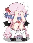  1girl ascot bat_wings black_footwear bloomers blue_hair blush bobby_socks bow commentary cowering diokira dress flying_sweatdrops hands_on_headwear hands_up hat hat_bow highres mob_cap pink_dress pink_headwear puffy_short_sleeves puffy_sleeves red_bow red_neckwear remilia_scarlet revision shoes short_hair short_sleeves simple_background socks solo squatting touhou underwear white_background white_bloomers white_legwear wings 