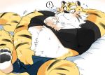  2019 anthro belly blush clothing felid fur humanoid_hands hyaku_(artist) lying male mammal overweight overweight_male pantherine shirt solo tiger topwear underwear yellow_body yellow_fur 