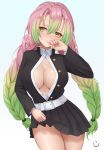  1girl belt blush braid breasts cleavage commentary_request gradient_hair green_eyes green_hair highres japanese_clothes kanroji_mitsuri kimetsu_no_yaiba large_breasts long_hair long_sleeves mole mole_under_eye multicolored_hair open_clothes open_mouth pink_hair simple_background skirt smile_(dcvu7884) solo white_background white_belt 