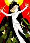  1girl 5others avery_(degrees_of_lewdity) avery_(female)_(degrees_of_lewdity) blonde_hair breasts building cellphone cleavage closed_eyes commentary degrees_of_lewdity english_commentary grin holding holding_microphone holding_phone limited_palette microphone mole mole_under_mouth moon multiple_others outstretched_arms pant_suit pants phone red_sky sky skyscraper smartphone smile solo_focus suit yetiwang1000 