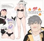  100_points_emoji 2boys 2girls ? ?? bikini black_bikini black_cat black_choker black_hairband black_jacket black_shorts breasts brown_eyes caelus_(honkai:_star_rail) cat choker cleft_chin cosplay drill_hair elio_(honkai:_star_rail) english_text eyewear_on_head family_guy fat fat_man fire_emoji firefly_(honkai:_star_rail) grey_hair hairband heart highres honkai:_star_rail honkai_(series) jacket kafka_(honkai:_star_rail) kafka_(honkai:_star_rail)_(cosplay) kowai_(iamkowai) long_hair medium_breasts multiple_boys multiple_girls navel peter_griffin purple-tinted_eyewear purple_eyes purple_hair shirt short_hair shorts silver_wolf_(honkai:_star_rail) small_breasts speech_bubble standing sunglasses swimsuit tinted_eyewear trailblazer_(honkai:_star_rail) white_shirt 