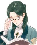  1boy adjusting_eyewear bangs black-framed_eyewear blue_eyes blue_jacket book closed_mouth eyebrows_visible_through_hair fire_emblem fire_emblem:_three_houses forehead green_hair haru_(nakajou-28) holding holding_book jacket linhardt_von_hevring long_hair long_sleeves male_focus open_book parted_bangs reading rectangular_eyewear simple_background solo upper_body white_background 