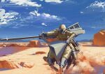  absurdres anti-materiel_rifle assault_visor blue_sky body_armor cloud commentary desert dust english_commentary gloves gun hammk helmet highres holding holding_gun holding_weapon huge_weapon long_sleeves oil_painting_(medium) original outdoors painting_(medium) riding rifle robot science_fiction sky sniper_rifle traditional_media untranslatable_commentary wasteland weapon 