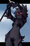 2026 5_fingers anthro avian beak bird black_beak black_body black_feathers breasts cane corvid corvus_(genus) crow eyebrow_through_hair eyebrows feathers female fingers genitals glowing glowing_eyes hair hi_res holding_cane holding_object leg_scar looking_at_viewer mewgle navel non-mammal_breasts non-mammal_hair non-mammal_navel non-mammal_vulva nude nude_anthro nude_female oscine passerine red_eyes scar scuted_hands scutes shadow_hands_challenge silence_(mewgle) solo thigh_scar translucent translucent_hair umbrakinesis vulva