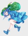  1girl :d artist_name backpack bag bangs blue_eyes blue_footwear blue_hair blue_jacket blue_skirt boots cabbie_hat chikuwa_savi commentary_request green_backpack green_headwear grey_background hair_between_eyes hair_bobbles hair_ornament hat highres jacket kawashiro_nitori key legs long_sleeves looking_at_viewer miniskirt open_mouth pocket rubber_boots short_hair simple_background skirt skirt_set smile solo touhou twitter_username two_side_up 