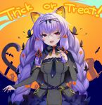  1girl animal_ear_fluff animal_ears bangs bat black_dress braid breasts bridal_gauntlets capelet cat_ears cat_tail commentary_request crossed_bangs dress english_text fang flower hair_flower hair_ornament hair_rings halloween hoshikawa_tefu hoshikawa_tefu_(vtuber) kuusou_code_plus long_hair medium_breasts open_mouth orange_background purple_eyes purple_hair solo strapless strapless_dress tail trick_or_treat twin_braids very_long_hair 