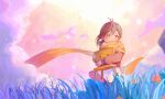  1girl absurdres antenna_hair brown_eyes brown_hair brown_shirt chair cloud commentary_request day english_commentary grass highres holding holding_chair iwato_suzume liang_jiou long_sleeves mixed-language_commentary munakata_souta_(chair) outdoors sad scarf shirt short_hair skirt sky solo standing sunlight suzume's_chair suzume_no_tojimari tearing_up white_skirt yellow_scarf yellow_sky 