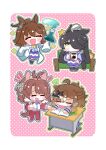  4girls agnes_tachyon_(umamusume) ahoge animal_ears black_hair blush bow bowtie breasts brown_hair chair checkered_ribbon chemical_structure chibi closed_eyes closed_mouth commentary_request couch cup dantsu_flame_(umamusume) desk ear_covers ear_ribbon earrings hair_between_eyes hair_ornament hairband hairclip highres holding holding_beaker holding_cup horse_ears horse_girl horse_tail jacket jam_(umamusume) jewelry jungle_pocket_(umamusume) lab_coat long_bangs long_hair long_hair_between_eyes long_sleeves manhattan_cafe_(umamusume) medium_hair multiple_girls notebook on_chair on_couch open_mouth pants pink_hairband pleated_skirt purple_sailor_collar purple_serafuku purple_shirt purple_skirt purple_thighhighs red_jacket red_pants red_track_suit sailor_collar sailor_shirt school_desk school_uniform serafuku shirt short_hair single_earring sitting skirt sleeves_past_fingers sleeves_past_wrists smile tail thighhighs tkmt3690 tongue tongue_out tracen_school_uniform tracen_training_uniform track_jacket track_pants track_suit umamusume very_long_hair white_bow white_bowtie white_hair wolf_cut yellow_eyes 