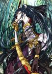  1boy ahoge armor bamboo bamboo_forest black_hair enouchi_ai forest highres holding holding_sword holding_weapon japanese_armor katana long_hair male_focus nature original outdoors parted_lips scabbard sheath solo sword tied_hair unsheathing very_long_hair weapon yellow_eyes 