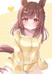  1girl animal_ears blush braid brown_hair brown_tail buena_vista_(umamusume) collarbone commentary_request futatsukiaiji heart highres horse_ears horse_girl horse_tail long_hair looking_at_viewer open_mouth pajamas polka_dot polka_dot_background red_eyes short_shorts shorts side_braids solo tail umamusume yellow_pajamas yellow_shorts 