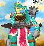  2019 4_fingers absurd_res anthro biped breasts clothed clothing cloud day digital_drawing_(artwork) digital_media_(artwork) eyelashes fan_character female fingers green_body green_scales green_skin hi_res jose-497 lizalfos lizard loincloth looking_at_viewer medium_breasts melee_weapon nintendo non-mammal_breasts outside reptile roxanne_(jose-497) scales scalie signature simple_background sky skyward_sword smile solo spots spotted_body standing sword the_legend_of_zelda thick_thighs video_games weapon wide_hips 