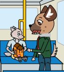  aggressive_retsuko backpack bus canid canine clothing fantastic_mr._fox fox haida hyaenid j_shute jacket kristofferson mammal red_fox sanrio silver_fox sitting spotted_hyena topwear vehicle 