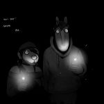  1:1 abandoned black_and_white canid canine canis clothed clothing comic creepy dark domestic_dog duo equid equine female hi_res hladilnik horse male mammal michelle_(hladilnik) monochrome night phone scared school text zebra zebra_son_(hladilnik) 