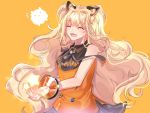  1girl :d black_skirt blonde_hair breasts cat_ear_headphones closed_eyes fang headphones long_hair open_mouth orange_background ronpu_cooing seeu simple_background skirt sleeveless small_breasts smile standing star vocaloid 