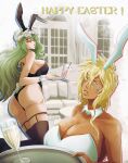  2girls animal_ears arrancar ass back_tattoo black_leotard bleach blonde_hair breasts brown_eyes cleavage couch cup detached_collar facial_mark fake_animal_ears fake_tail green_eyes green_hair hair_between_eyes hair_ornament happy_easter highres holding holding_tray huge_breasts leotard long_hair multiple_girls nelliel_tu_odelschwanck number_tattoo parted_lips playboy_bunny rabbit_tail skull_hair_ornament strapless strapless_leotard tail tattoo thighhighs tier_harribel tray veeepawoon white_leotard wrist_cuffs 