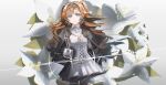  1girl absurdres checkered_hairband collared_dress commentary_request cowboy_shot dress floral_background flower glass_pen gloves green_eyes grey_background grey_cloak hairband high_collar highres holding holding_pen kenran_000 long_hair long_sleeves looking_at_viewer orange_hair parted_lips pen reverse:1999 short_dress solo sonetto_(reverse:1999) two_side_up white_dress white_flower white_gloves 