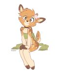  1boy animal_ears bright_pupils broken_antler brown_eyes brown_fur commentary deer_boy deer_ears deer_tail english_commentary flower flower_on_head furry green_scarf highres hooves koiyaroid koiyaroid_(character) looking_at_viewer original pink_flower scarf simple_background sitting solo tail trap white_background white_pupils 
