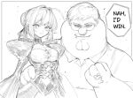  1boy 1girl ahoge breasts cleft_chin clenched_hand closed_mouth collared_shirt commentary corset crossover dress english_commentary family_guy fat fat_man fate/extra fate_(series) glasses greyscale hair_intakes kowai_(iamkowai) long_hair medium_breasts meme monochrome nah_i'd_win_(meme) nero_claudius_(fate) nero_claudius_(fate/extra) peter_griffin round_eyewear shirt very_long_hair 
