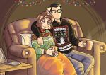  2025 5_fingers absurd_res anthro arm_over_shoulder bedding beverage black_hair blanket blue_eyes bone_frill brown_hair candy cavemanon_studios chocolate christmas christmas_clothing christmas_decorations christmas_lights christmas_sweater christmas_topwear claws clothing dessert detailed_background digital_drawing_(artwork) digital_media_(artwork) dinosaur duo eyelashes eyewear fan_character female finger_claws fingers food frill_(anatomy) furniture glasses hair hi_res holidays hot_chocolate human i_wani_hug_that_gator inside lidded_eyes light-skinned_male light_body light_scales light_skin male male/female mammal on_sofa oviraptor oviraptorid oviraptorosaur prehistoric_species principal_scaler rectangular_glasses reptile sakamtosng saurischian scales scalie short_hair sitting sitting_on_sofa smile snout sofa sweater theropod topwear uno_b_trusive 