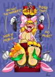 anthro arms_above_head arms_tied bikini_only blindfold blush bodily_fluids bound claws colored_nails countershade_feet countershade_torso countershading crying_laughing discarded_footwear eyes_closed feet feet_tied female foot_fetish foot_focus hi_res imminent_gag koopa koopaling laugh lips lipstick makeup mario_bros nails nintendo nipple_outline pink_nails pink_toenails restrained_arms restraints scalie simple_background skoufidios solo stocks tears text thick_lips tickle_torture tickling tickling_feet toe_claws toenails toes wendy_o._koopa yellow_body