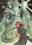  1boy 1other artist_request coat colored_skin commentary english_commentary green_coat green_pants green_skin hierophant_green highres jojo_no_kimyou_na_bouken kakyoin_noriaki long_coat long_sleeves male_focus mask mouth_mask pants purple_eyes red_hair stand_(jojo) stardust_crusaders third-party_source yellow_eyes 