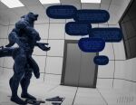 2025 2:3 3d_(artwork) after_transformation angry anthro aquatic artist_logo blender_(artwork) blender_cycles_(artwork) blue_body codename_nihil detailed_background digital_media_(artwork) english_text fish gesture hammerhead_(petruz) hi_res latex liquid_latex living_sex_doll logo male nipples offscreen_character one_way_mirror puffy_nipples shark signature story_at_source test_chamber text thought_bubble thoughts watermark