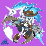  absurdres black_sclera blue_eyes blue_fire breasts cape colored_sclera cow_girl cowboy_hat cowboy_western fire gun handgun hat highres monokurocat1211 original skeleton_horse small_breasts unicorn weapon 