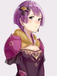  1girl bernadetta_von_varley black_bow blush bow breasts closed_eyes closed_mouth dress earrings fire_emblem fire_emblem:_three_houses grey_background grey_eyes hair_bow haru_(nakajou-28) highres hood jewelry looking_at_viewer nose_blush purple_dress purple_eyes purple_hair short_hair shoulder_armor simple_background small_breasts solo spaulders strapless strapless_dress upper_body 