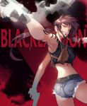  1girl 55level armpits ass belt black_gloves black_lagoon breasts brown_hair cigarette copyright_name denim denim_shorts dual_wielding fingerless_gloves gloves grin gun handgun highres holding holding_gun holding_weapon holster long_hair looking_at_viewer midriff ponytail revy_(black_lagoon) shorts sleeveless smile smoke solo tattoo teeth weapon yellow_eyes 