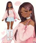  1girl bag blue_skirt brown_hair charm_(object) choker collarbone commentary dark-skinned_female dark_skin dated demi_(nashidrop) earrings english_commentary full_body hair_ornament hairclip hand_on_own_chest hand_up heart heart_earrings highres jewelry long_hair looking_at_viewer loose_socks multiple_views nashidrop o-ring o-ring_choker off-shoulder_sweater off_shoulder orange_eyes original parallel_hairclips parted_bangs pink_sweater print_sweater shoes shoulder_bag single_earring skirt sleeves_past_wrists smile socks speech_bubble spoken_blush sweater upper_body white_choker white_shoes white_socks 