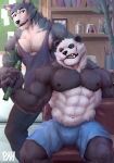  2019 abs absurd_res anthro bamboo beastars black_and_white_fur black_body black_fur bulge by canid canine canis clothed clothing creative_commons duo fur giant_panda gouhin hi_res inside legosi_(beastars) male mammal muscular muscular_male nipples one_eye_closed pecs physen scar topless ursid white_body white_fur wolf 