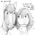  1:1 black_and_white bodily_fluids canid canine canis clothed clothing comic creepy dialogue domestic_dog duo equid equine female hi_res hladilnik horse looking_at_another male mammal michelle_(hladilnik) monochrome scared simple_background sweat text white_background zebra zebra_son_(hladilnik) 