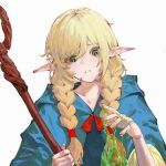  1girl ambrosia_(dungeon_meshi) blonde_hair braid chinese_commentary commentary_request cutout_eyelashes dungeon_meshi elf eyes_visible_through_hair green_eyes highres holding holding_staff hood hood_down long_hair lumiaosi mage_staff marcille_donato parted_lips pointy_ears simple_background slime_(substance) solo staff straight-on tareme twin_braids upper_body white_background 
