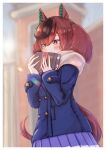  1girl animal_ears blue_coat blush bow box breath brown_hair buttons coat commentary_request double-breasted ear_bow ear_covers ear_ribbon green_bow highres holding holding_box horse_ears horse_girl horse_tail long_sleeves looking_at_viewer medium_hair multicolored_hair nice_nature_(umamusume) orusun outdoors purple_skirt scarf school_uniform skirt solo streaked_hair tail tracen_school_uniform tracen_winter_coat twintails umamusume white_scarf winter_clothes winter_coat winter_uniform 