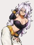  1girl android_21 bare_shoulders black_nails blue_eyes bracelet breasts cleavage cosplay detached_sleeves dragon_ball dragon_ball_fighterz earrings harem_pants hoop_earrings jewelry kemachiku large_breasts long_hair looking_at_viewer majin_android_21 majin_android_21_(cosplay) nail_polish pants solo stomach white_hair white_pants 
