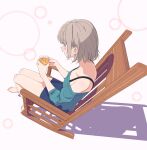  1girl absurdres alcohol barefoot blue_shirt blue_skirt blush chair commentary_request cup earrings grey_hair highres holding holding_cup jewelry kamiina_botan_yoeru_sugata_wa_yuri_no_hana off-shoulder_shirt off_shoulder open_mouth pink_background purple_eyes rocking_chair setsuna_bluem34 shadow shirt short_hair sitting skirt smile solo stud_earrings tonami_ibuki wooden_chair 