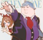  1boy 1girl absurdres ascot bandana black_jacket blue_eyes brown_hair character_name cleft_chin closed_mouth commentary cosplay family_guy fat fat_man grey_eyes grey_hair highres jacket jewelry kowai_(iamkowai) looking_at_viewer may_(pokemon) multicolored_jacket open_mouth peter_griffin pokemon purple_jacket purple_shirt red_ascot red_bandana ring shirt spiked_hair steven_stone steven_stone_(cosplay) two-tone_jacket 