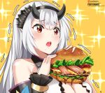  1girl artist_name bacon bangs bare_shoulders beef black_hairband blush breasts cheese cleavage commentary detached_sleeves drooling epic7 eyebrows_visible_through_hair food hairband hamburger highres holding holding_food large_breasts lettuce long_sleeves motion_lines oni_horns open_mouth orange_skirt red_eyes round_teeth saliva skirt solo sparkle_background sparkling_eyes teeth trembling twomoon upper_body upper_teeth watermark web_address yufine_(epic7) 