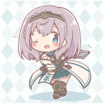  1girl ;d argyle_background armored_boots arms_behind_back black_boots black_thighhighs blue_dress blue_eyes blush boots braid breasts chibi cleavage cleavage_cutout clothing_cutout commentary_request dress headpiece heart highres hololive large_breasts mace mitarashi_neko notice_lines one_eye_closed outline pleated_dress shadow shirogane_noel shirogane_noel_(1st_costume) smile solo standing thighhighs thighhighs_under_boots virtual_youtuber weapon white_outline 