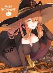  10eki_(tenchou) 1girl all_fours alternate_costume bangs black_cape black_headwear blush breasts brown_dress brown_hair candy cape cleavage dress eyebrows_visible_through_hair food girls_frontline gloves green_eyes hair_between_eyes hair_rings halloween halloween_costume happy_halloween hat hat_ribbon highres large_breasts long_hair looking_at_viewer m1903_springfield_(girls_frontline) ribbon sidelocks solo sweatdrop witch_hat 