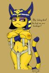  angry animal_crossing ankha_(animal_crossing) anthro big_breasts bleeding_dragon breasts clothed clothing crossed_arms domestic_cat english_text felid feline felis female hi_res holding_breast loincloth mammal mostly_nude nintendo nipple_piercing nipples piercing pubes simple_background solo text topless video_games 