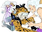  2boys boots clenched_hands coat commentary_request devil_fruit_power from_side gear_fifth grabbing_another's_hair grin hat hat_on_back highres holding_another's_hair korean_commentary male_focus monkey_d._luffy multiple_boys multiple_views one_piece onzr560 profile purple_sash red_eyes rob_lucci sash scar scar_on_cheek scar_on_face sharp_teeth smile standing straw_hat teeth transformation upper_body white_boots white_coat white_hair 