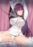  1girl arms_up ass_visible_through_thighs bangs bdsm bed_sheet blush bondage bound bound_arms breasts cellphone chain chained cleavage closed_mouth collar commentary_request condom_wrapper curtains damda dark_skin dress eyebrows_visible_through_hair fate/grand_order fate_(series) frown hair_between_eyes hair_intakes hat large_breasts long_hair looking_at_viewer nose_blush nurse nurse_cap on_bed panties phone purple_hair scathach_(fate)_(all) scathach_(fate/grand_order) short_dress sitting smartphone solo_focus taking_picture thighhighs underwear upskirt very_long_hair white_dress white_legwear white_panties 