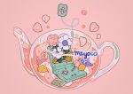  artist_name flower game_boy_advance_sp game_cartridge handheld_game_console leaf meyoco no_humans original pink_background pink_flower simple_background sparkle teabag teapot white_flower 