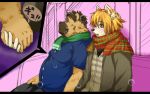  2014 anthro canid canine canis domestic_dog duo hand_holding humanoid_hands inunoshippo japanese_text male mammal overweight overweight_male scarf sitting text 
