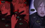  2boys albert_wesker black_gloves black_shirt blonde_hair blue_eyes colored_veins english_text face-to-face gloves hair_slicked_back highres kiss leon_s._kennedy looking_at_another male_focus multiple_boys parted_lips red_eyes red_light resident_evil robinberz shirt sweatdrop 
